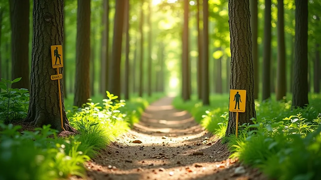 Meža taka ar dzeltenajiem maršruta marķējumiem, rāda virzien, dabiska vide